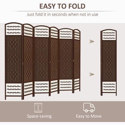 6 Panel Folding Room Divider, Portable Privacy Screen, Wave Fiber Room Partition for Home Office, Brown