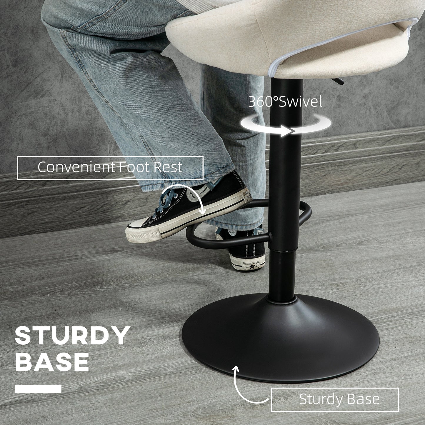 Bar Stools Set of 2, Swivel Counter Height Barstools with Adjustable Height, Linen Upholstered Bar Chairs with Round Met