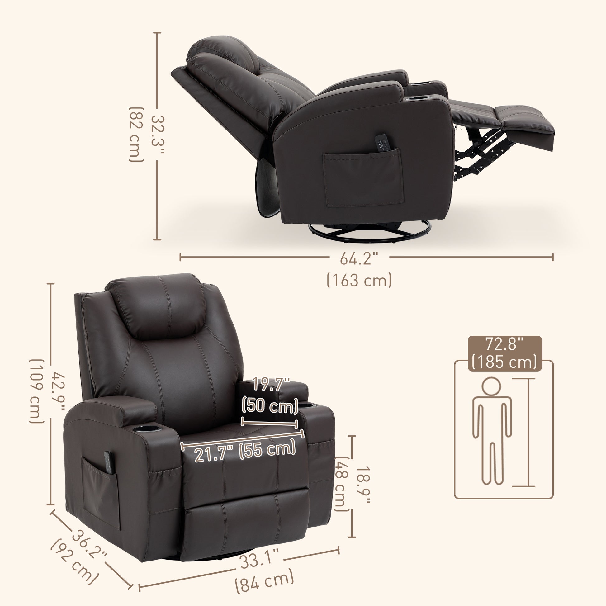 Massage Recliner Chair, Swivel Nursery Rocker Chair, Manual Reclining Sofa with 8 Vibration Points, PU Leather, Cup Hold