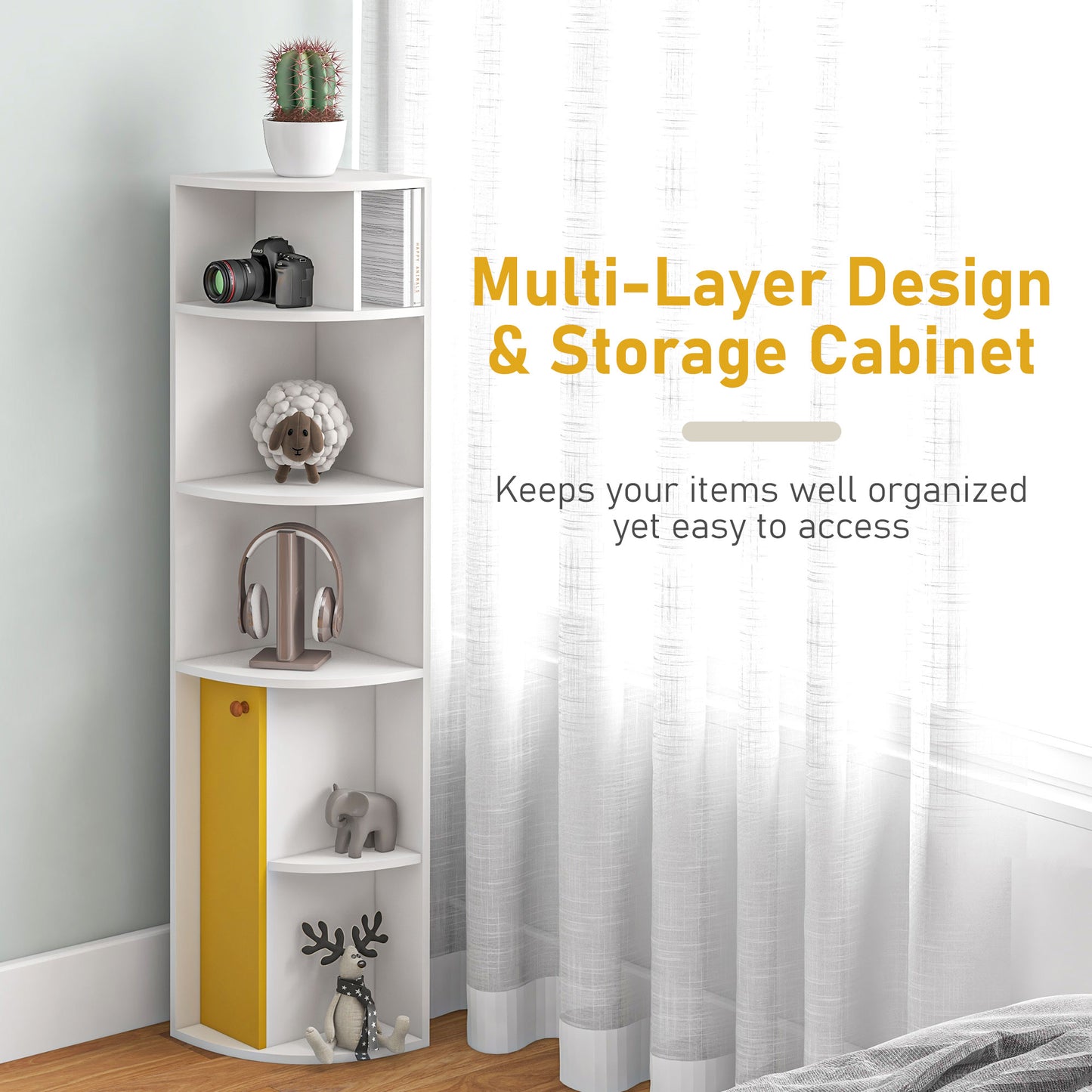 5-Tier Corner Bookcase, Storage Bookshelf, Freestanding Display Shelves with Open Compartments and Cabinet for Home Offi