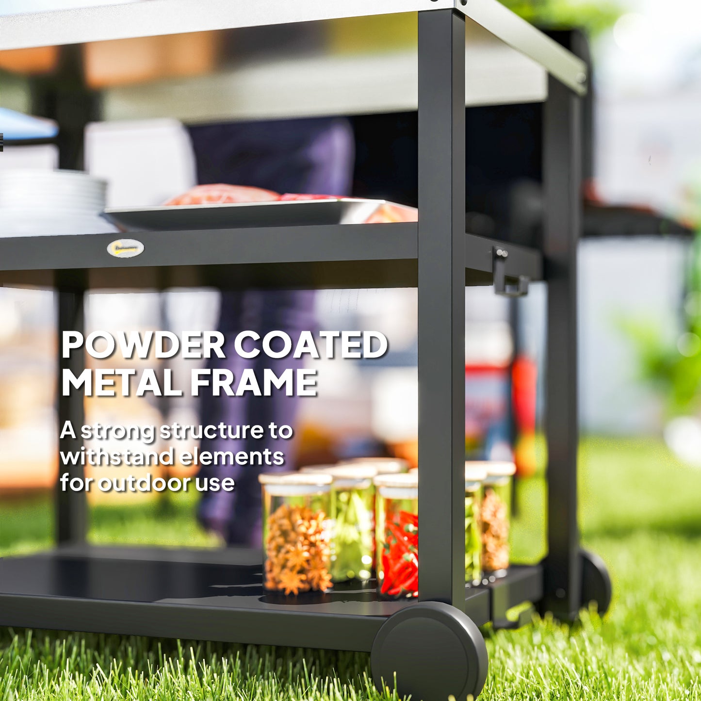 3-Shelf Outdoor Grill Dining Cart Pizza Oven Stand with Stainless Steel Top, Movable BBQ Food Prep Table Outdoor Kitchen