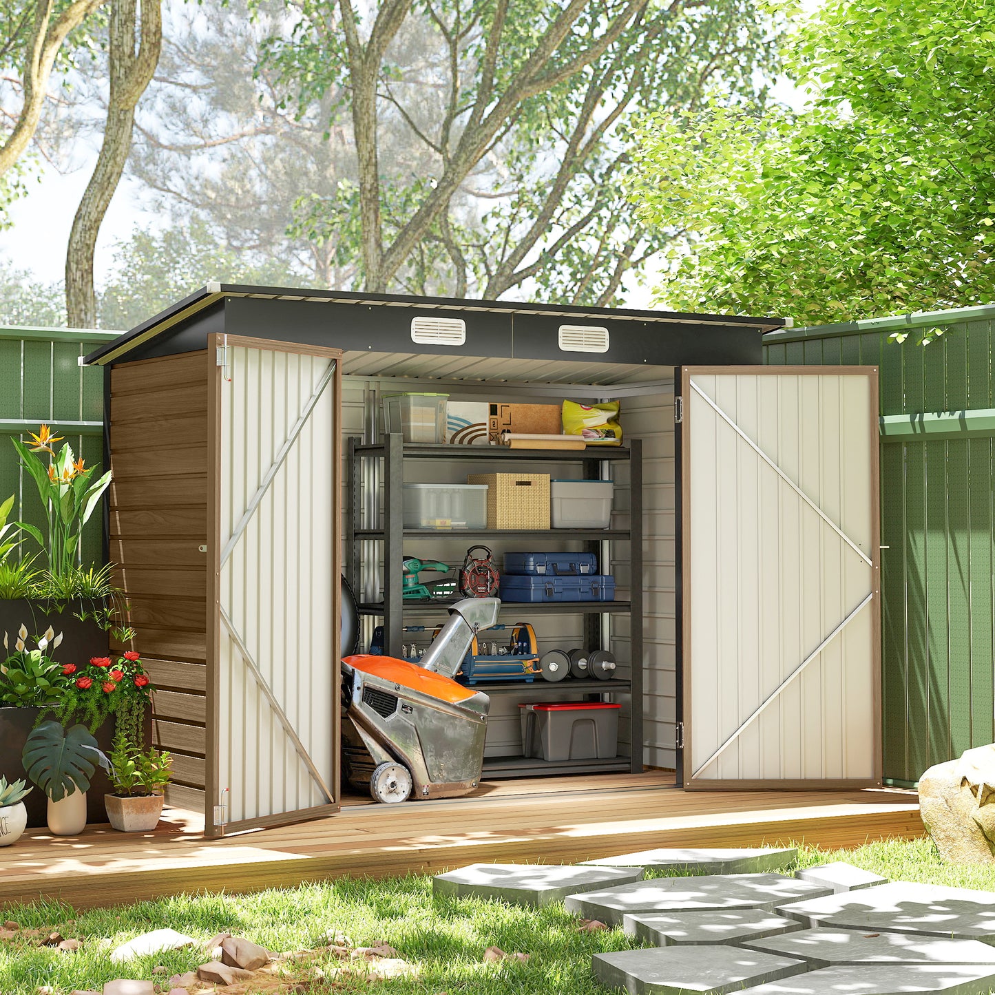 8 x 4 ft Galvanized Garden Storage Shed, Metal Outdoor Tool House with Double Doors and Dual Vents for Backyard and Pati