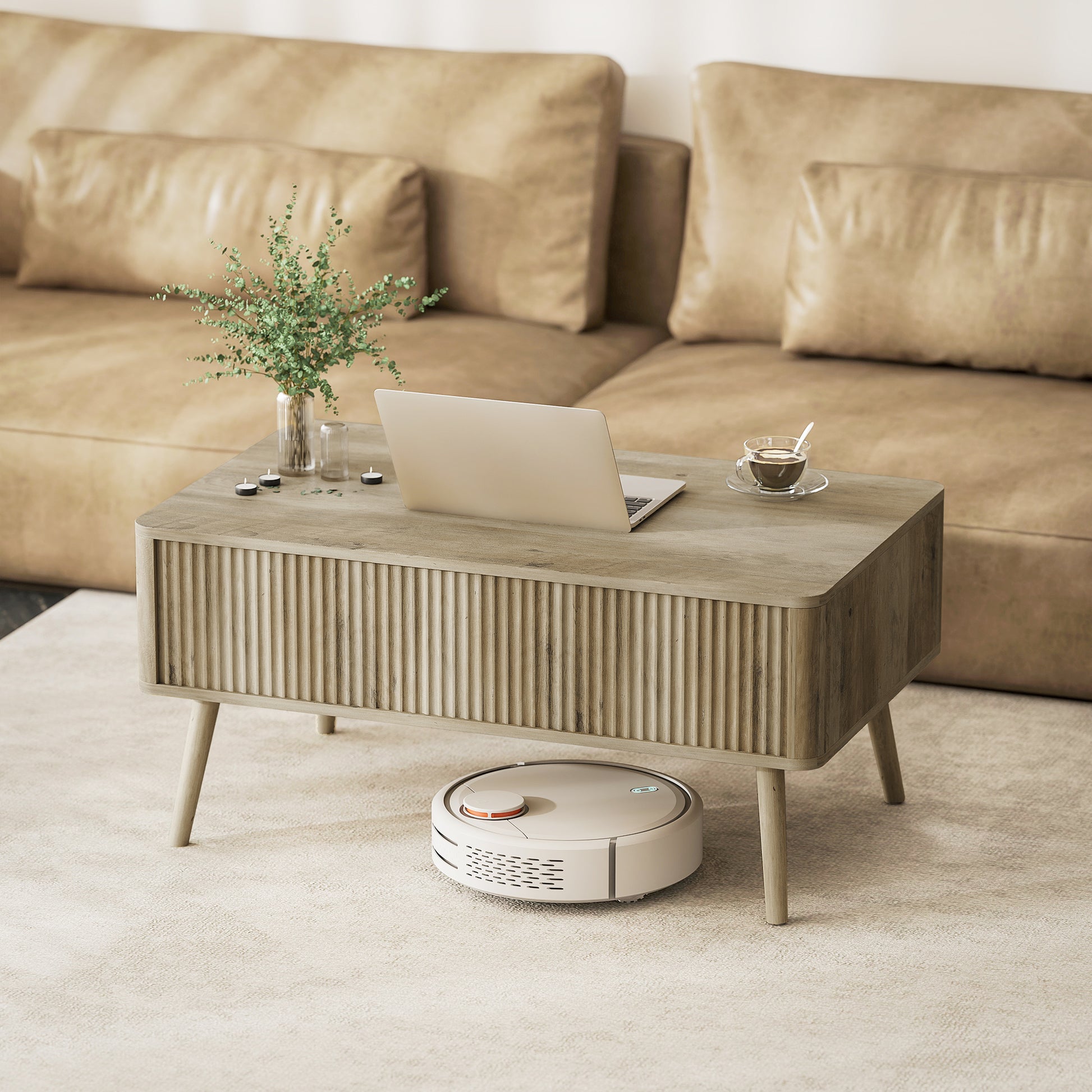 Lift Top Coffee Table with Storage, Center Table with Hidden Compartments and Pine Wood Legs for Living Room, Oak