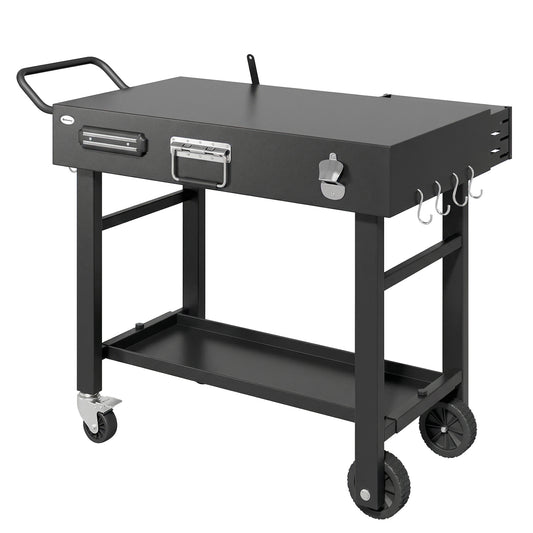 Outdoor Grill Cart, Folding Grill Table with Magnetic Knife Holder, Hooks, Spice Rack, Paper Rack, Black