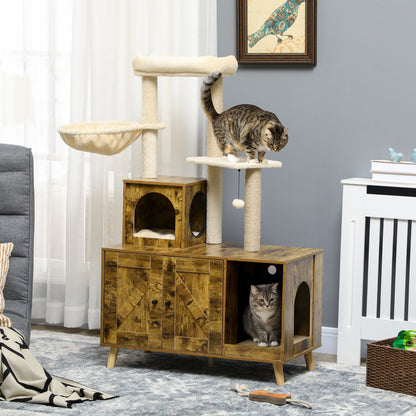 Litter Box Enclosure with Cat Tree Tower, Hidden Cat Washroom Furniture with Condo, Scratching Posts, Large Platform, Ha