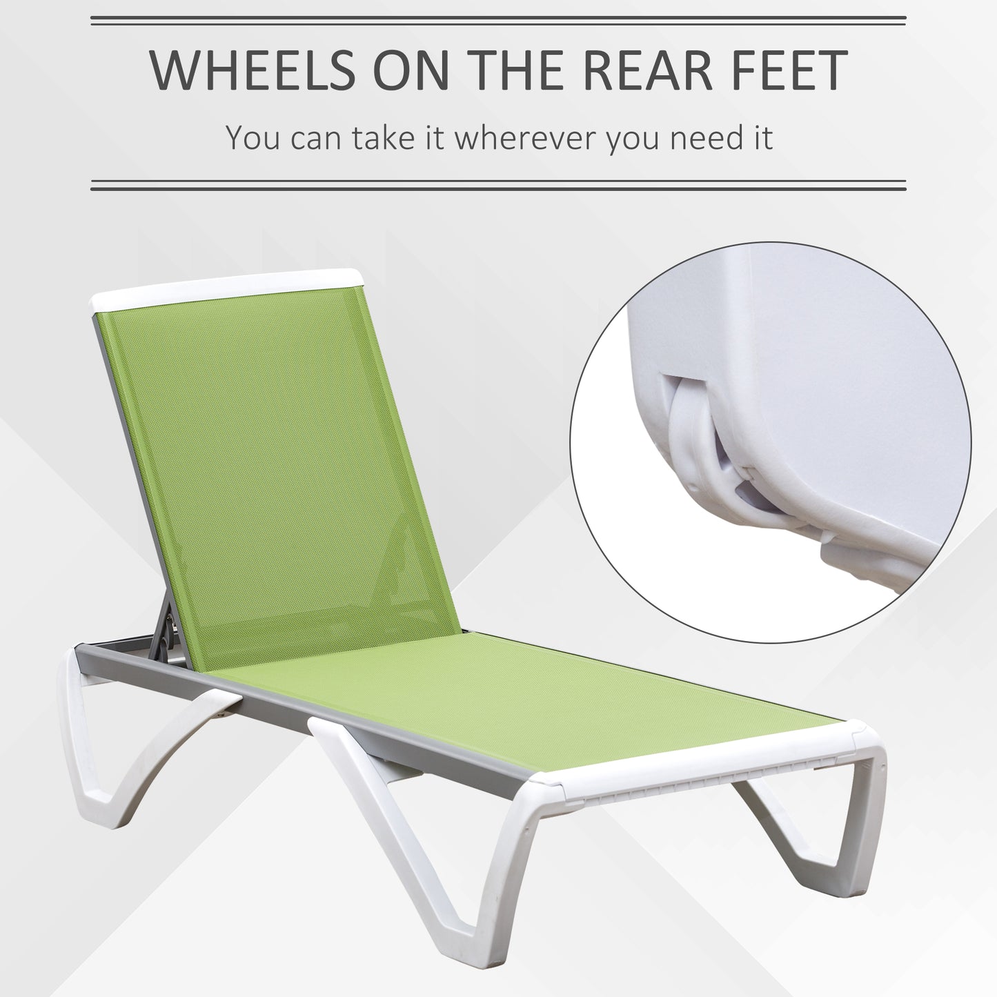 Outdoor Chaise Lounge Chair, Patio Aluminum Tanning Chair with 5-Level Adjustable Back, Portable Wheels, Breathable Mesh