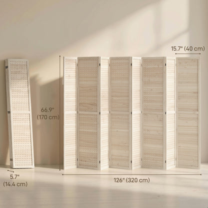 5.6 Ft. Tall 8-Panel Room Divider, Pegboard Panel Folding Privacy Screen, Partition Wall Divider for Bedroom, Natural