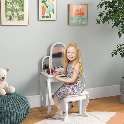 Qaba Kids Dressing Table and Chair Set, Girls Dressing Set, Makeup Desk with Drawer for 3-6 Years Old Kids, White