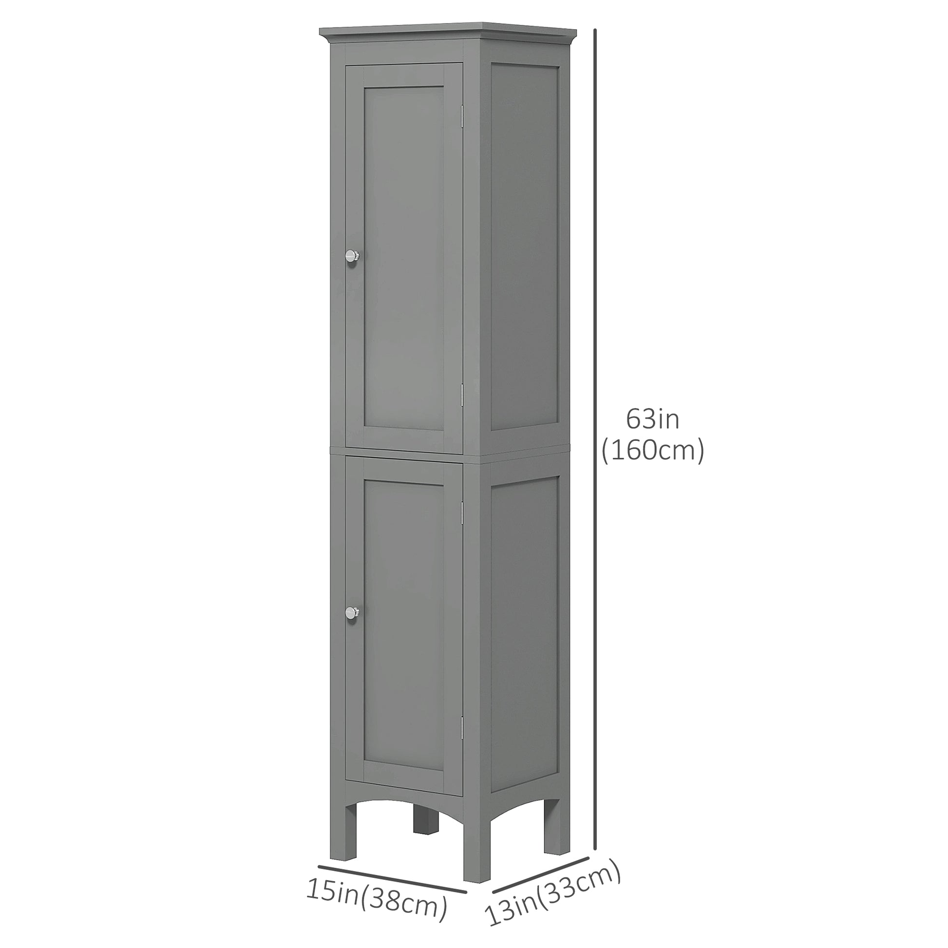 Tall Bathroom Cabinet, Freestanding Storage Organizer with Adjustable Shelves and Cupboards, 15" x 13" x 63", Grey