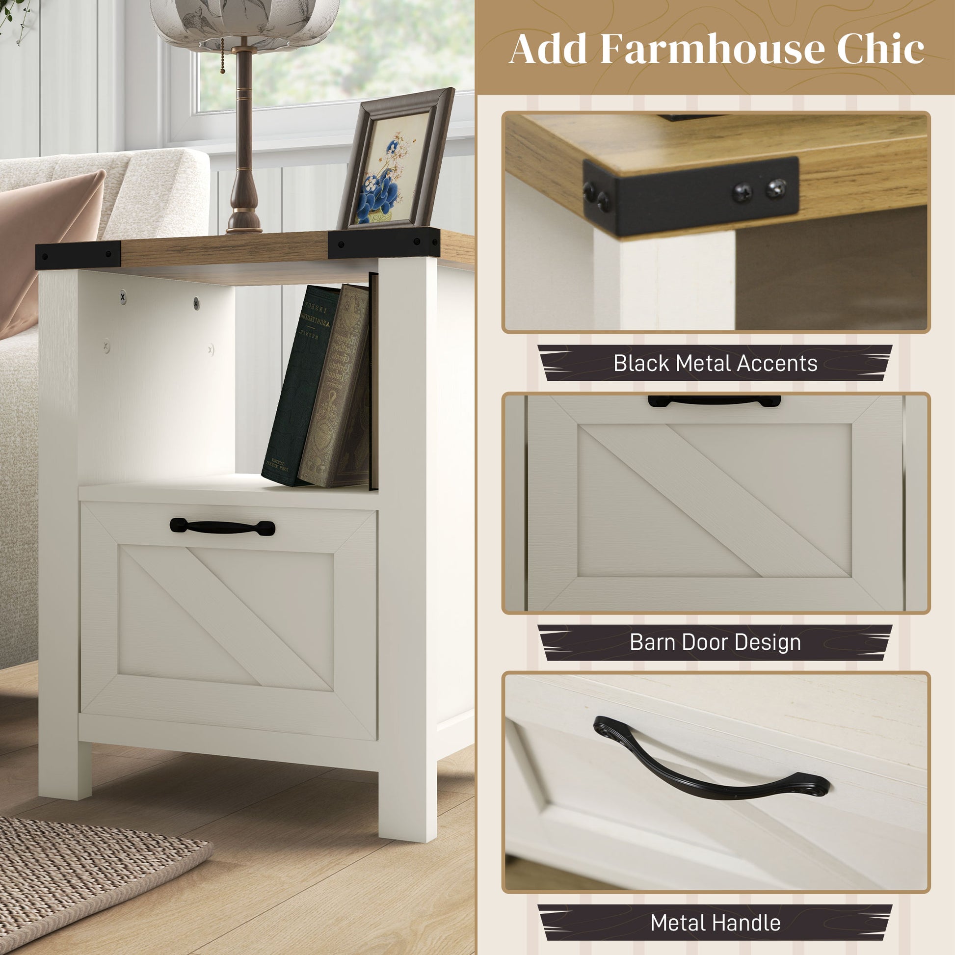 Side Table with Storage, Farmhouse End Table with Drawer, Open Shelf and Barn-style Panel, Nightstand for Living Room, B