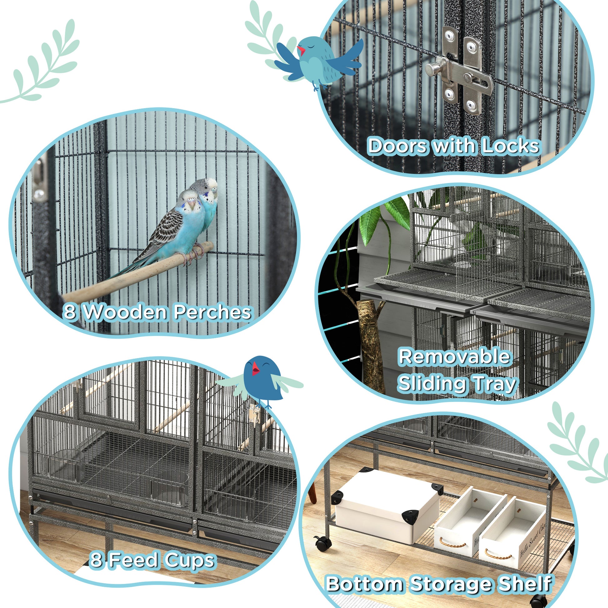 61"H Divided Breeder Bird Cage with Rolling Stand Removable Metal Tray, Storage Shelf, Wood Perch, and Food Container, D