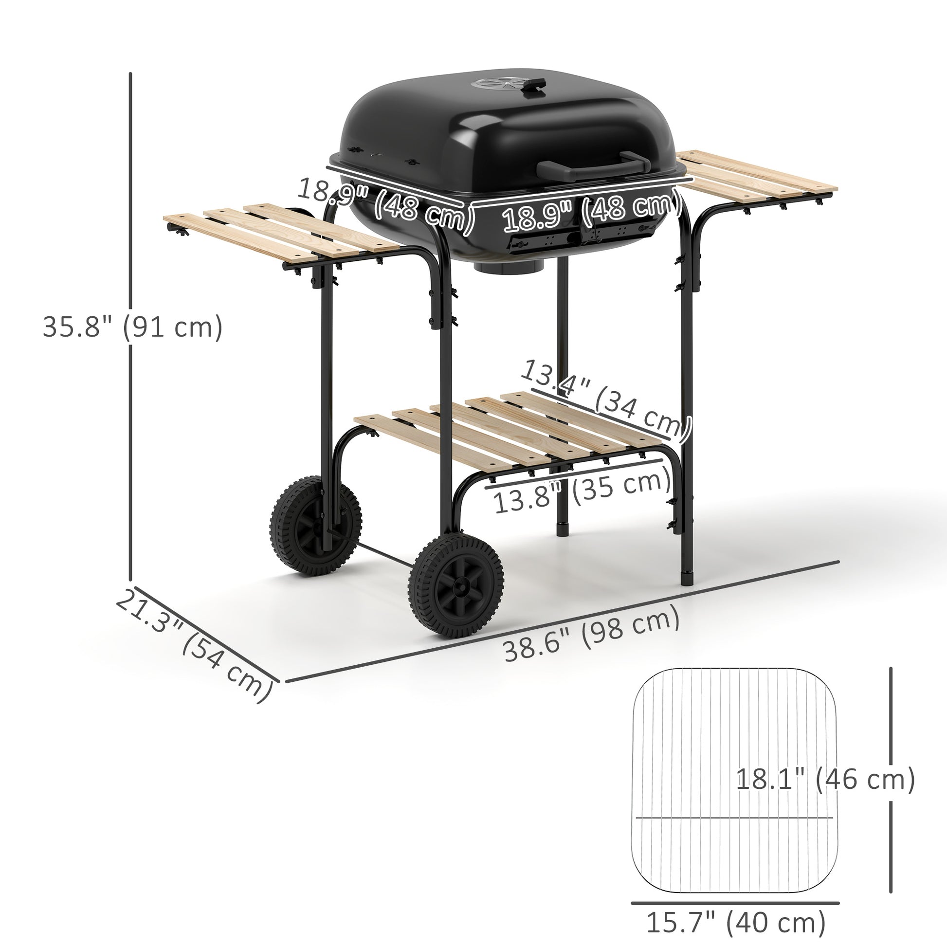 Charcoal BBQ Grill, BBQ Grill with 1840 cm² Cooking Area, 3 Shelves, Adjustable Vent, Lockable Lid, Wheels, Black