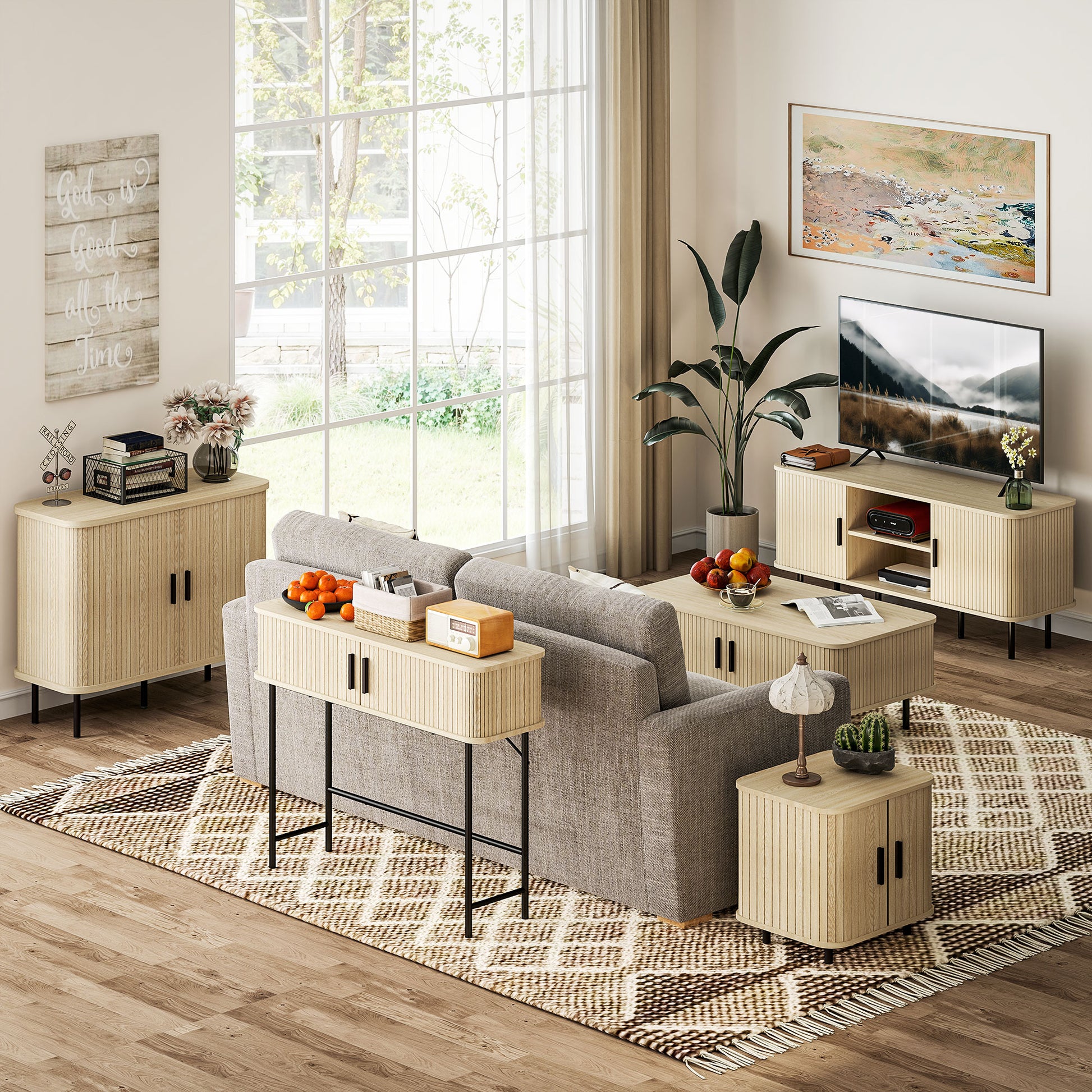 Mid-Century Entryway Table, Narrow Console Table with Storage Compartments for Behind Couch, Living Room, Oak and Black