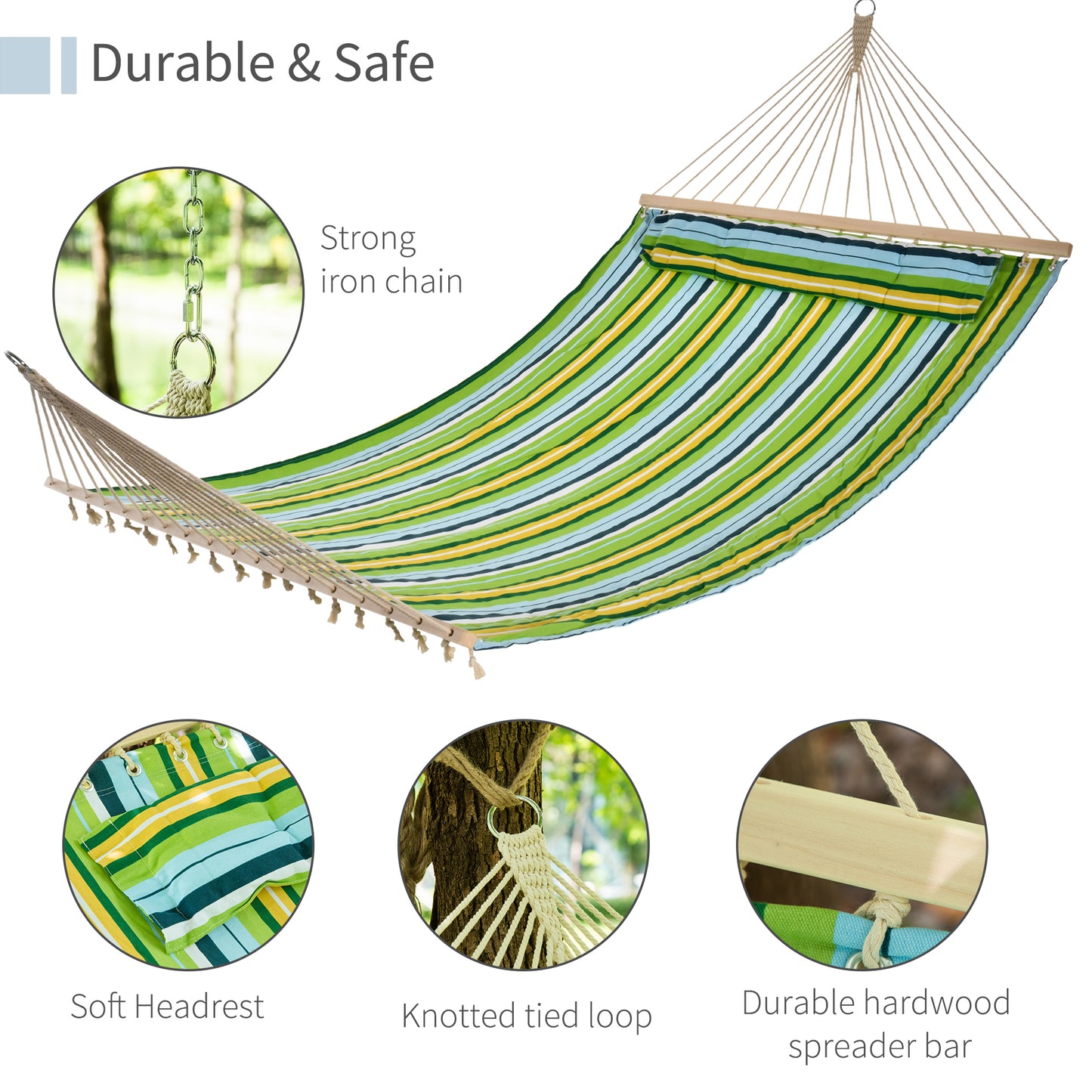 83" Patio Double Hammock, Wide Outdoor Hammock Bed Striped Fits 2 People Sunbed Camping hang Sleep w/ Pillow, White Stri