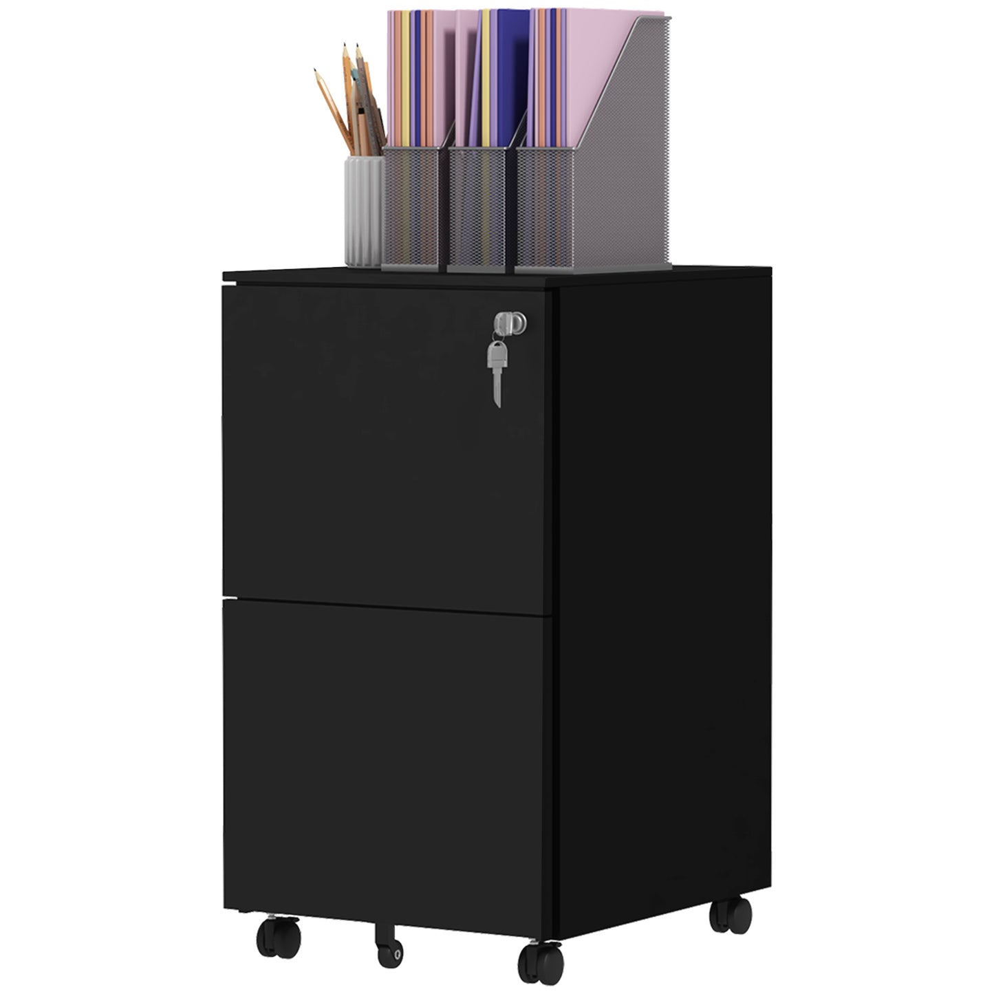 Vertical Steel Filing Cabinet on Wheels, 2-Drawer Lockable File Cabinet with Adjustable Hanging Bar for A4, Legal and Le