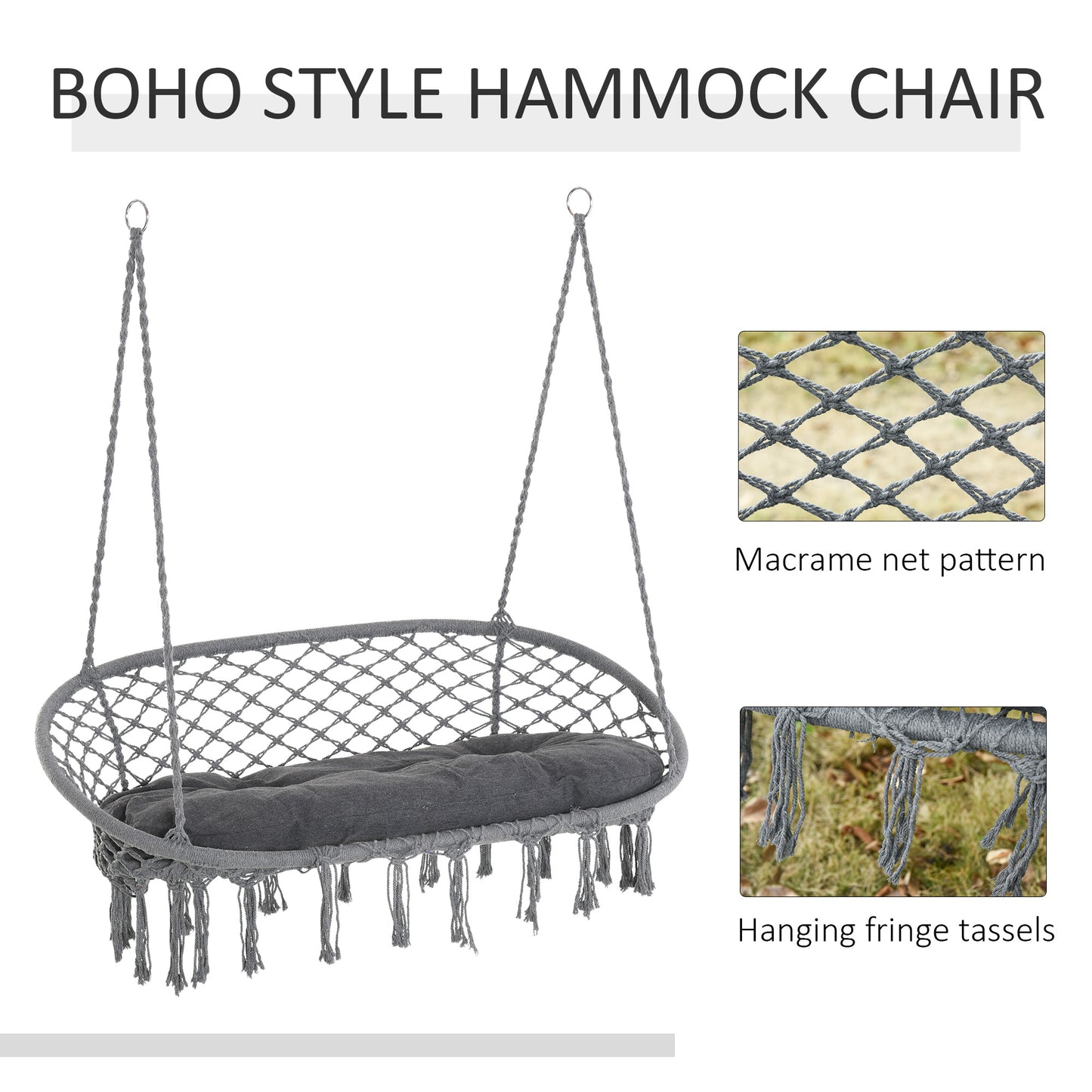 Patio Hammock Chair 2 Seat, Hanging Rope Hammock Swing Chair with Metal Frame and Cushion, Large Macrame Seat for Indoor