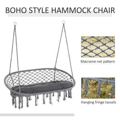 Patio Hammock Chair 2 Seat, Hanging Rope Hammock Swing Chair with Metal Frame and Cushion, Large Macrame Seat for Indoor