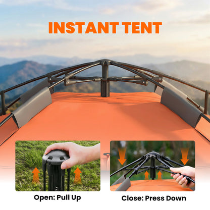 Pop up Camping Tent, 3-4 Man Family Tent, 3000mm Waterproof, with Carry Bag and Top Hook, Dark Grey and Orange