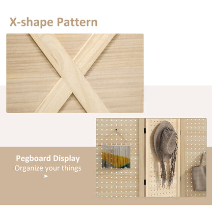 4.7' 3 Panel Wooden Room Divider with Pegboard Display, Folding Privacy Screen for Home Office, Natural