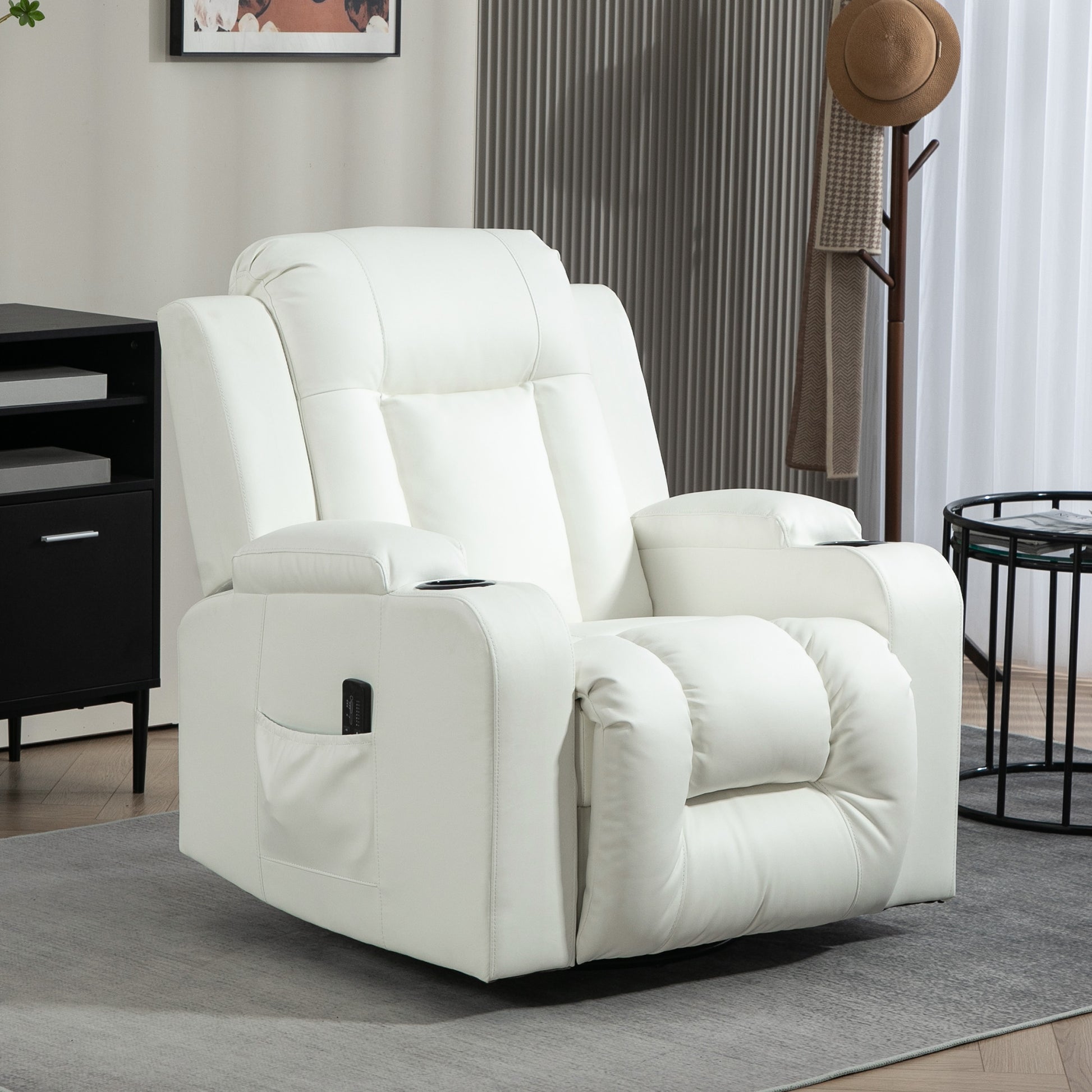 Swivel Massage Recliner Sofa, Overstuffed Manual Reclining Sofa, PU Leather Rocking Chair with Side Pockets, Cup Holders