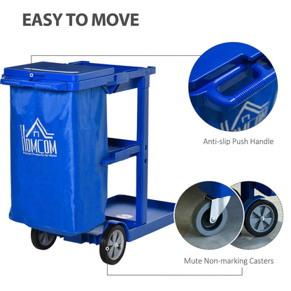 Commercial Janitorial Cart with 3-Tier Shelves, Trash Bag and Mop Holder - Blue - Image 4