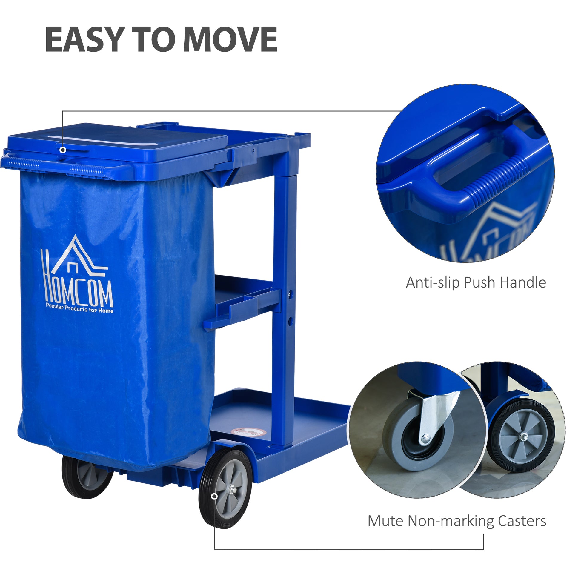 Commercial Janitorial Cart with 3 Tier Shelves, Professional Cleaning Cart with Rubbish Bag with Lid and Mop Mount for H
