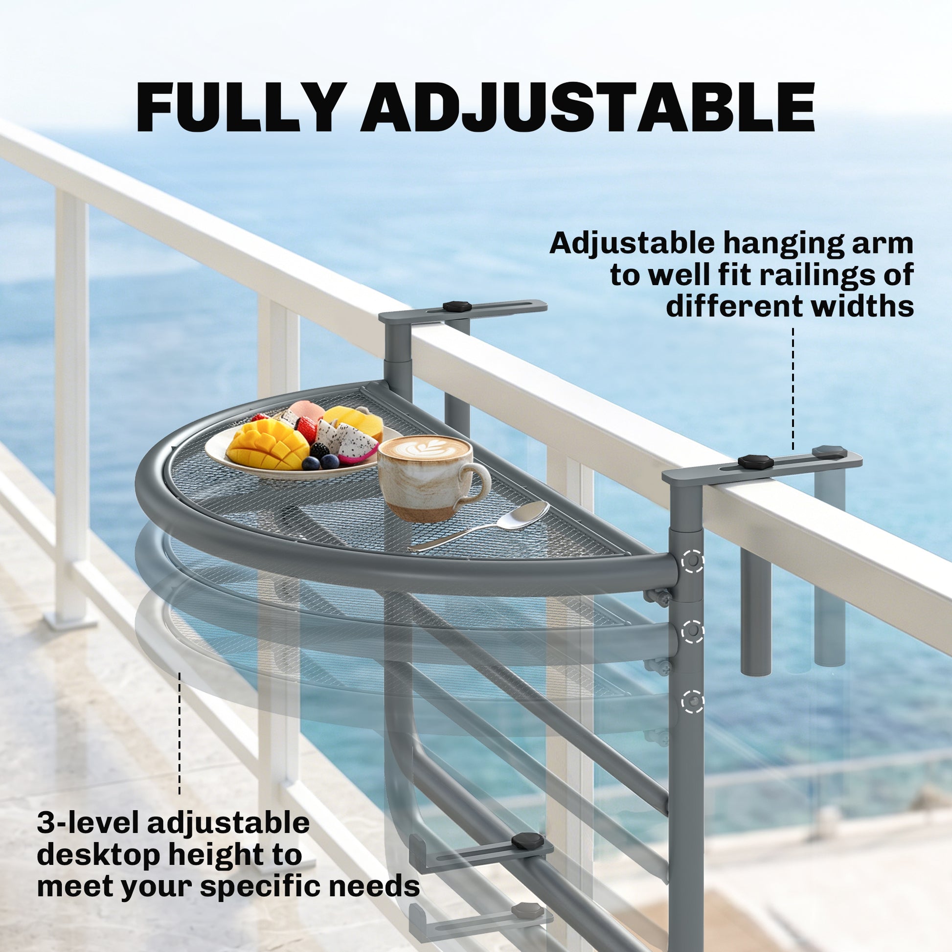 Adjustable Balcony Hanging Railing Table, Metal Mounting Mini Wall Desk Storage Rack, Outdoor Flower Stand Serving Table