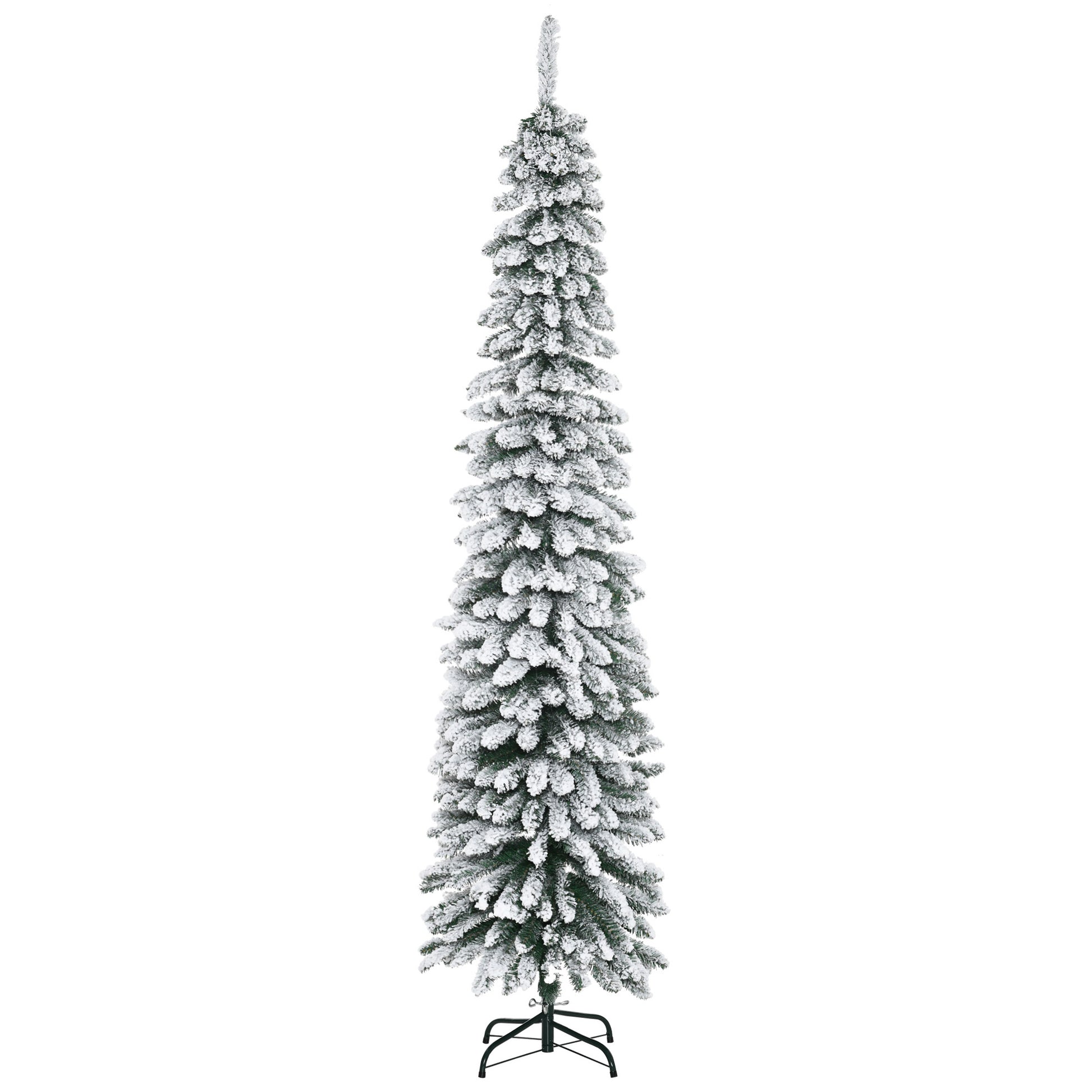 7ft Snow-Flocked Artificial Christmas Tree, Slim Pencil Xmas Tree with 490 Realistic Branches, Metal Base, Green