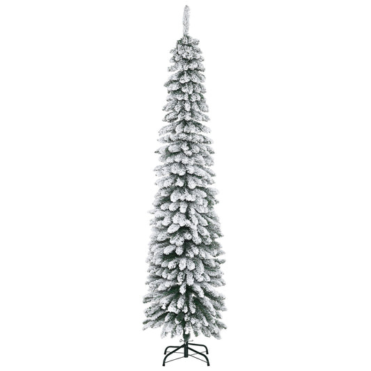 7ft Snow-Flocked Artificial Christmas Tree, Slim Pencil Xmas Tree with 490 Realistic Branches, Metal Base, Green