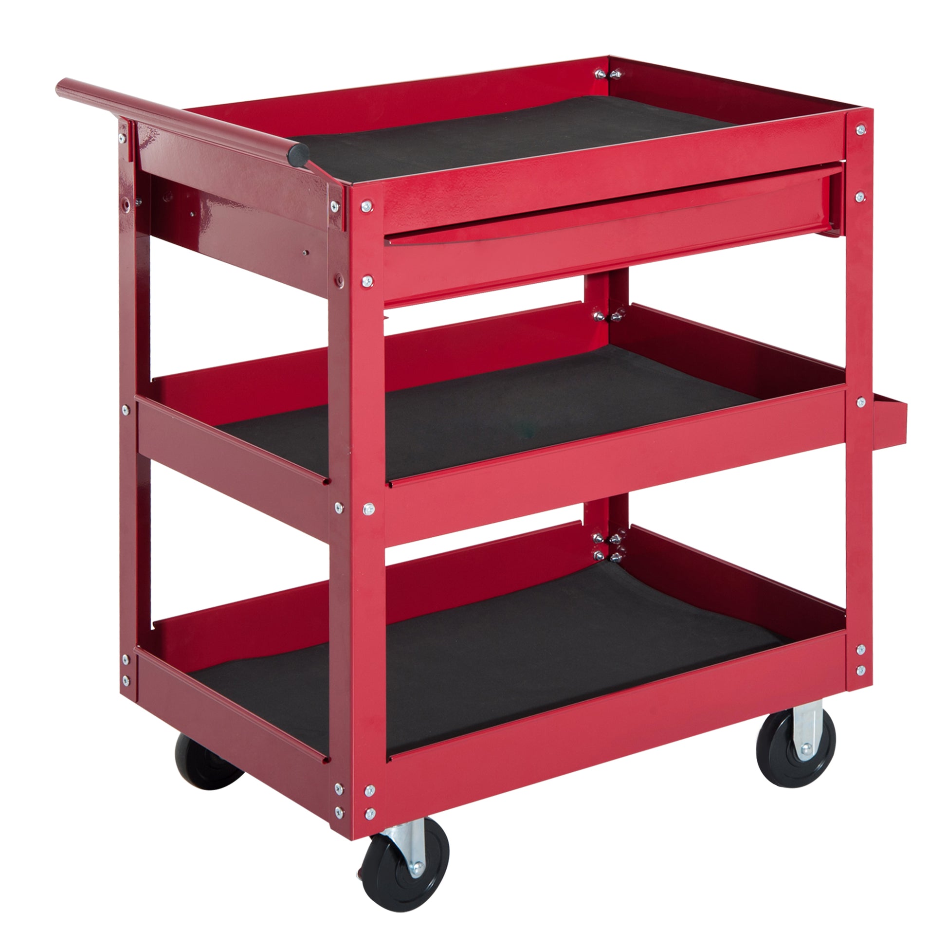 3-Tier Rolling Tool Cart with Drawer and Side Box, 132 LBS Capacity Steel Utility Cart, Mobile Service Tool Organizer fo