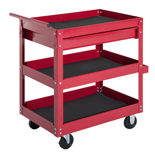 3-Tier Rolling Tool Cart with Drawer and Side Box, 132 LBS Capacity Steel Utility Cart, Mobile Service Tool Organizer fo