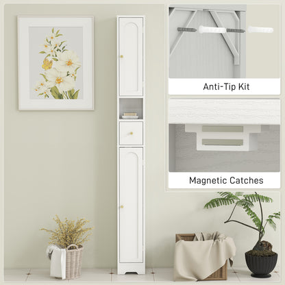 Tall Bathroom Cabinet, Modern Slim Bathroom Storage with Arched Doors, Drawer and Open Shelf, Narrow Storage, White
