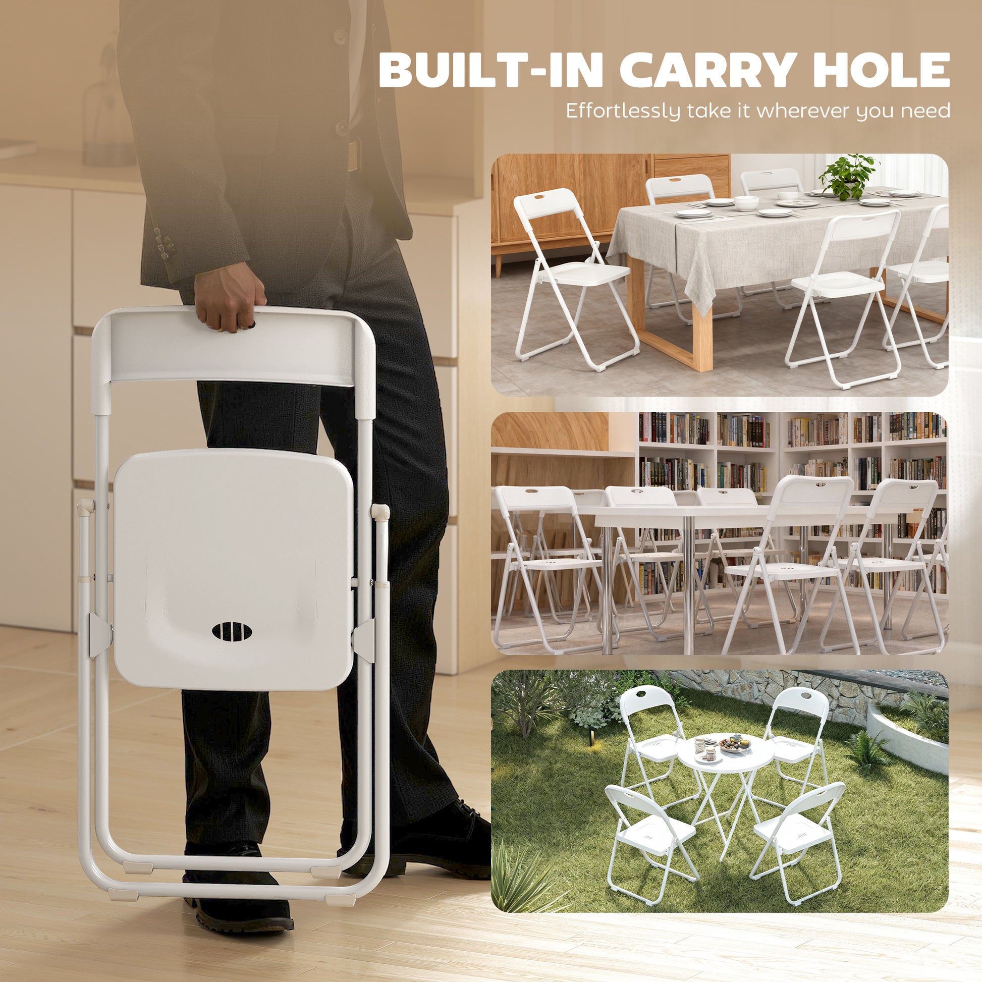 Folding Chairs 6 Pack, Plastic Foldable Chairs with Vent, Carry Hole and Steel Frame for Home, Office, Dining, White
