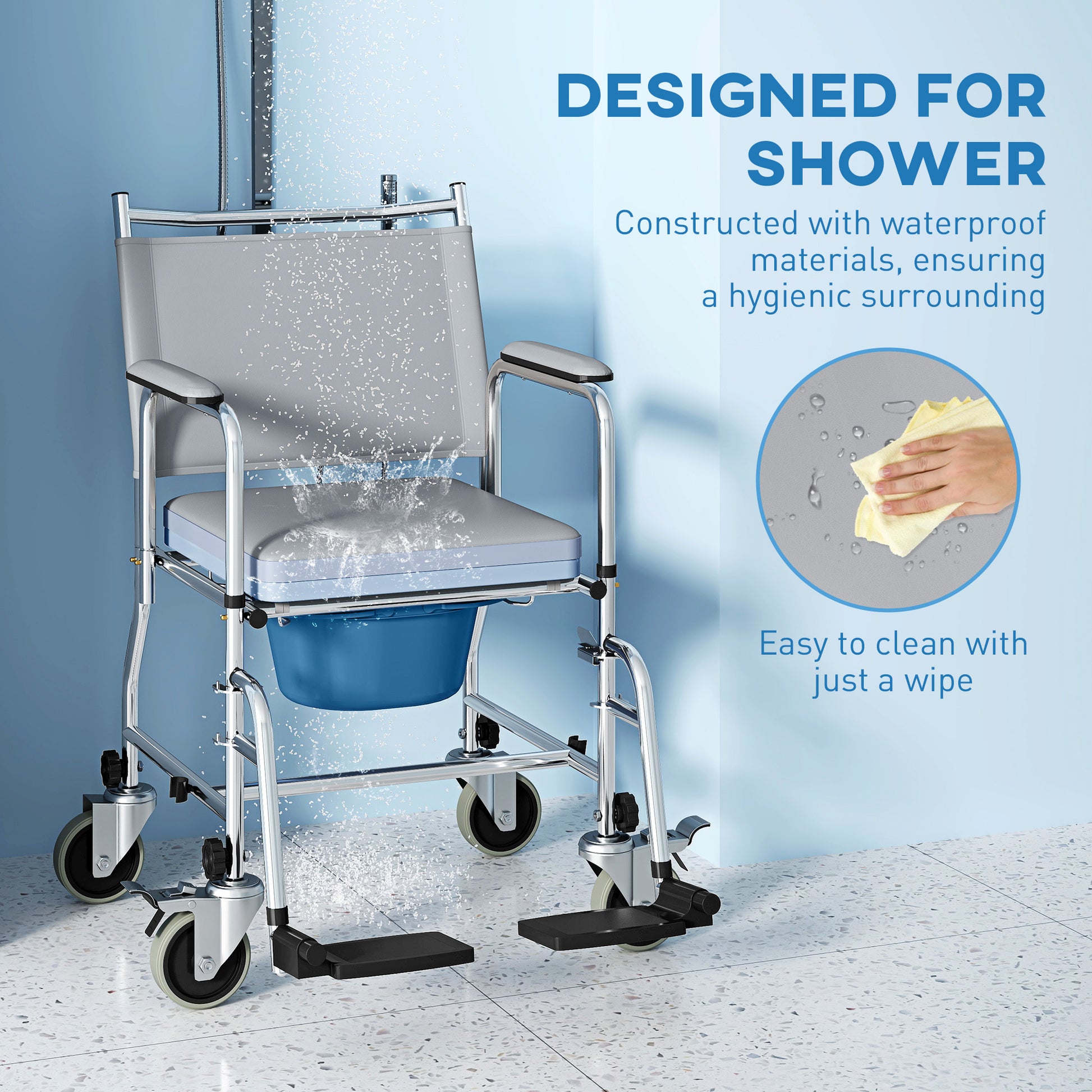 Rolling Shower Chair, Bedside Commode Wheelchair with Padded Seat, Backrest, for Seniors, Disabled, 300 lbs, Grey