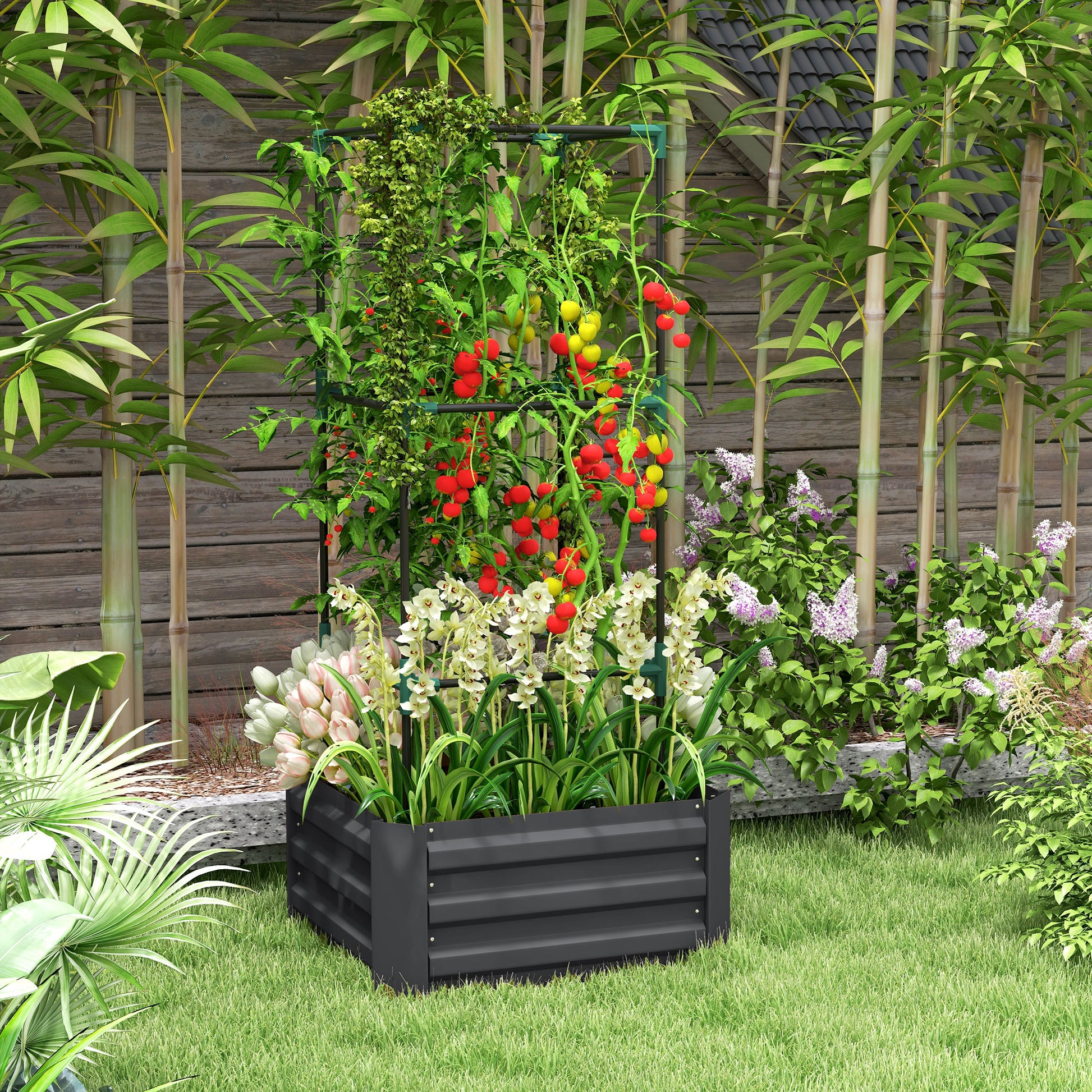 Galvanized Planter Box, Outdoor Raised Garden Bed with 3-Tier Trellis Tomato Cage for Climbing Vines, Vegetables, Grey