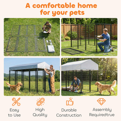 Outdoor Dog Kennel with Roof, 8' x 4' x 6' Heavy Duty Welded Wire Dog Playpen Enclosure with Escape-proof Lock