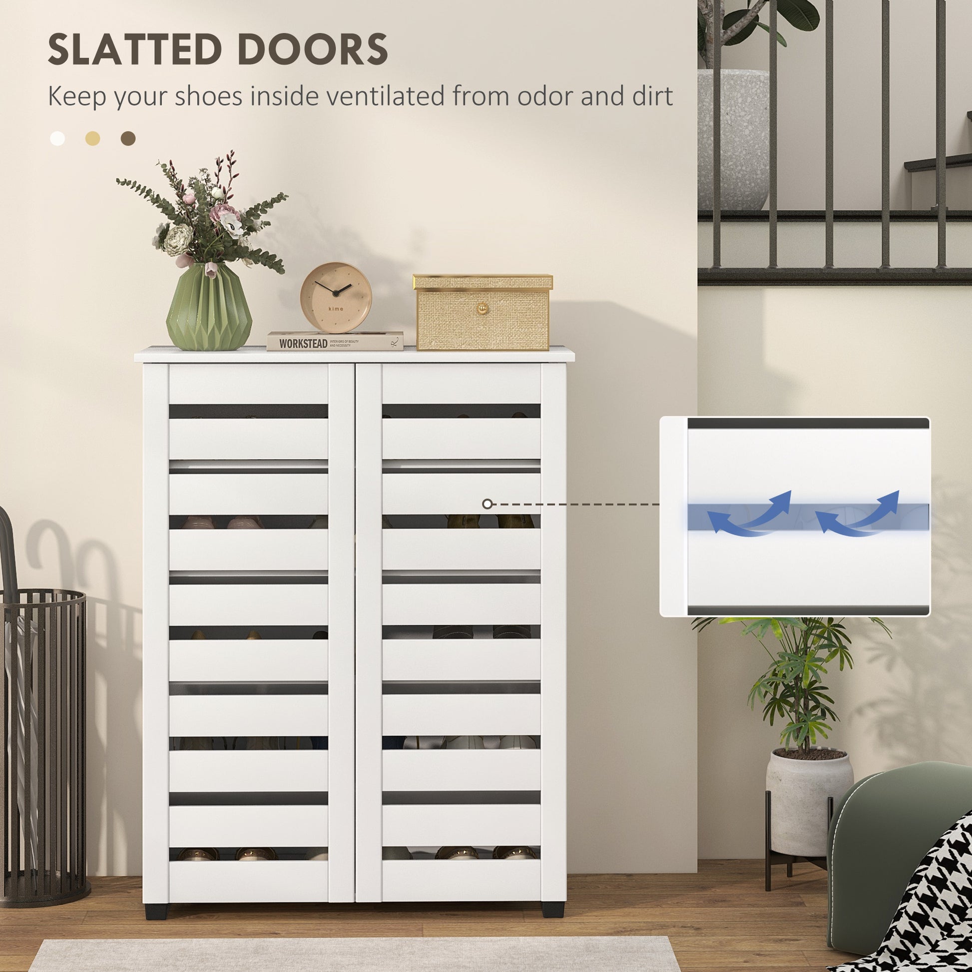 Shoe Storage Cabinet, Shoe Cabinet with 2 Slatted Doors for 15 Pairs of Shoes, White