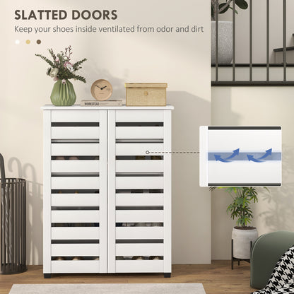 Shoe Storage Cabinet, Shoe Cabinet with 2 Slatted Doors for 15 Pairs of Shoes, White