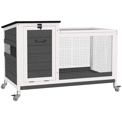 Wooden Rabbit Hutch with Pull-Out Tray, Asphalt Openable Roof, Small Animal Cage on Wheels with Run, Grey
