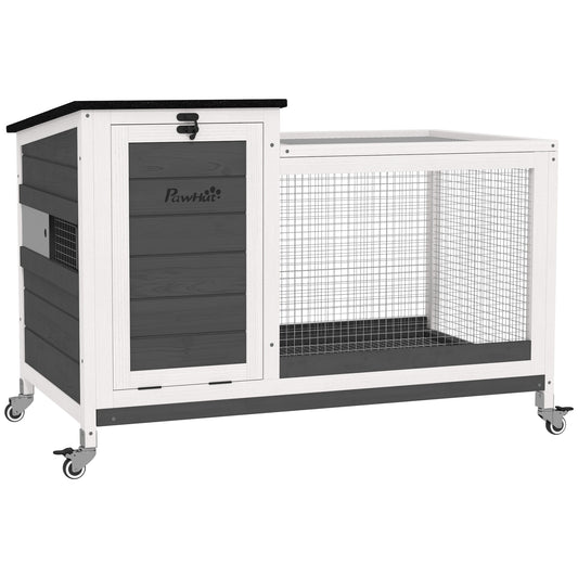 Wooden Rabbit Hutch with Pull-Out Tray, Asphalt Openable Roof, Small Animal Cage on Wheels with Run, Grey