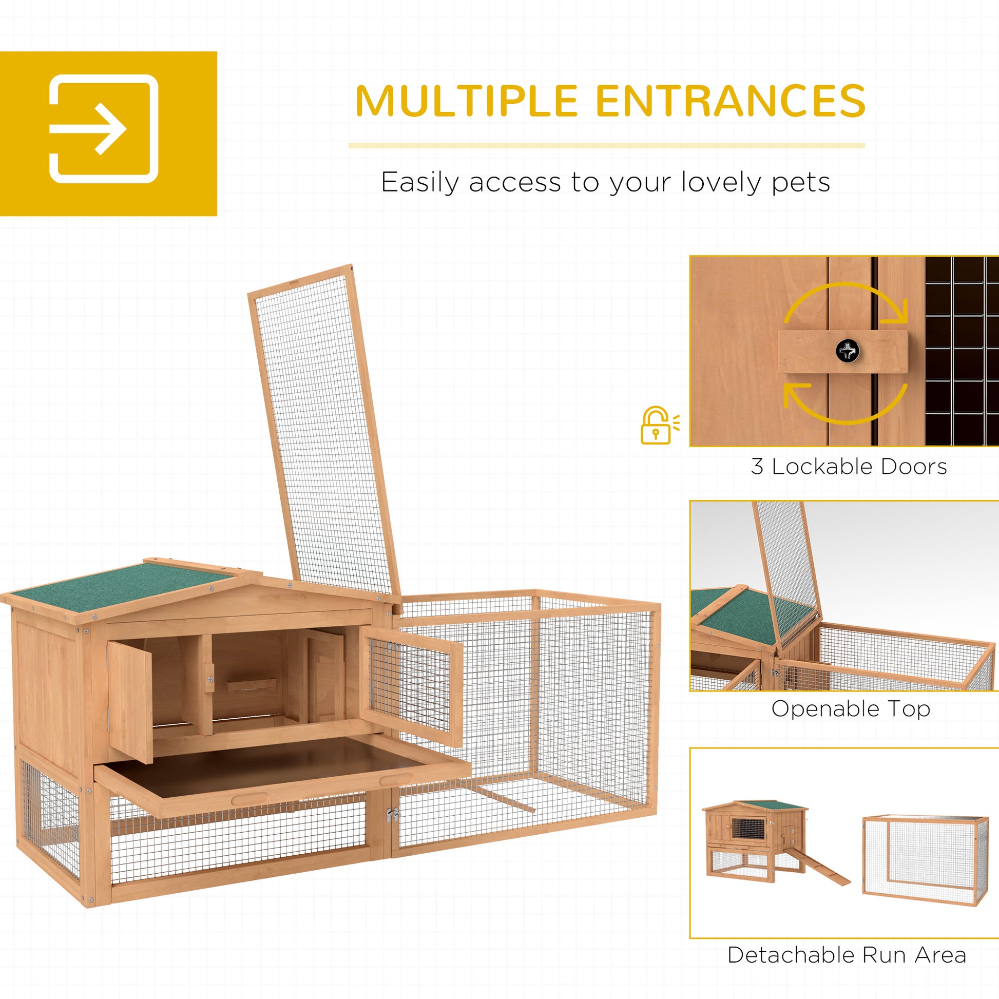 62'' L 2-Story Rabbit Hutch Bunny Cage Small Animal House with Pull Out Tray, Detachable Run, Ramp, for Indoor Outdoor, 