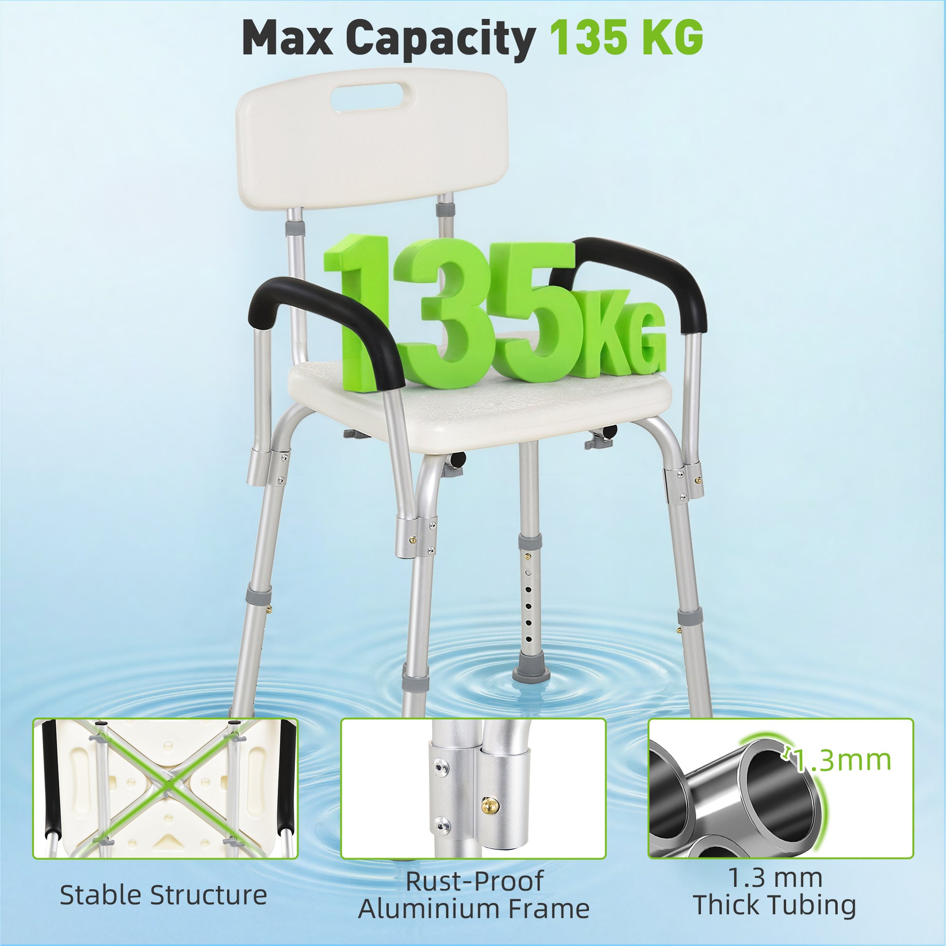 Adjustable Medical Shower Chair with Back, Bathtub Bench Bath Seat with Padded Arms, Non Slip Tub Safety for Disabled, S