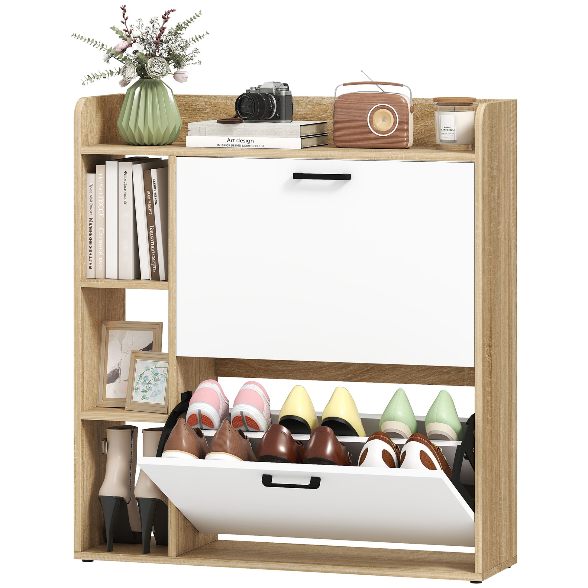 Shoe Cabinet with 2 Flip Drawers, 3 Side Compartments, Adjustable Shelves, 8-12 Pairs for Entryway Hallway, Natural