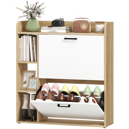 Shoe Cabinet with 2 Flip Drawers, 3 Side Compartments, Adjustable Shelves, 8-12 Pairs for Entryway Hallway, Natural