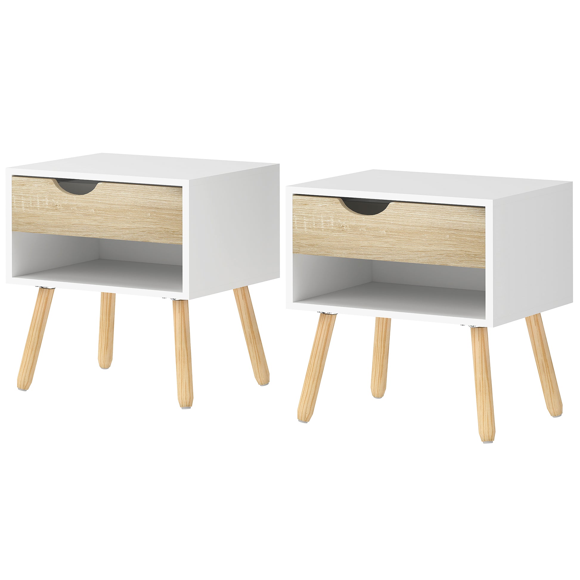 Set of 2 Bedside Table with Drawer and Shelf, Modern Nightstand with Wooden Legs, End Table for Bedroom, White