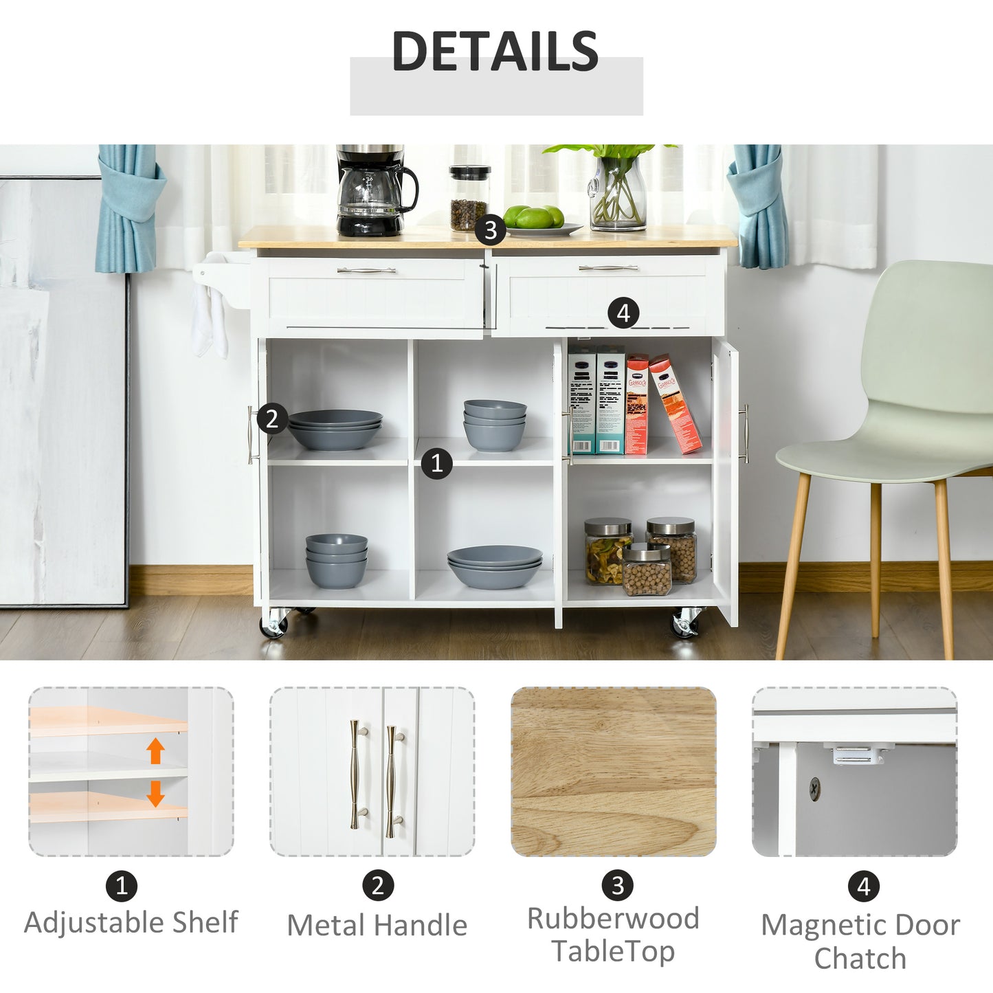 48" Kitchen Island with Storage and Solid Wood Top, Rolling Kitchen Cart on Wheels with 2 Storage Drawers, 3 Doors and T
