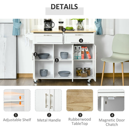 48" Kitchen Island with Storage and Solid Wood Top, Rolling Kitchen Cart on Wheels with 2 Storage Drawers, 3 Doors and T