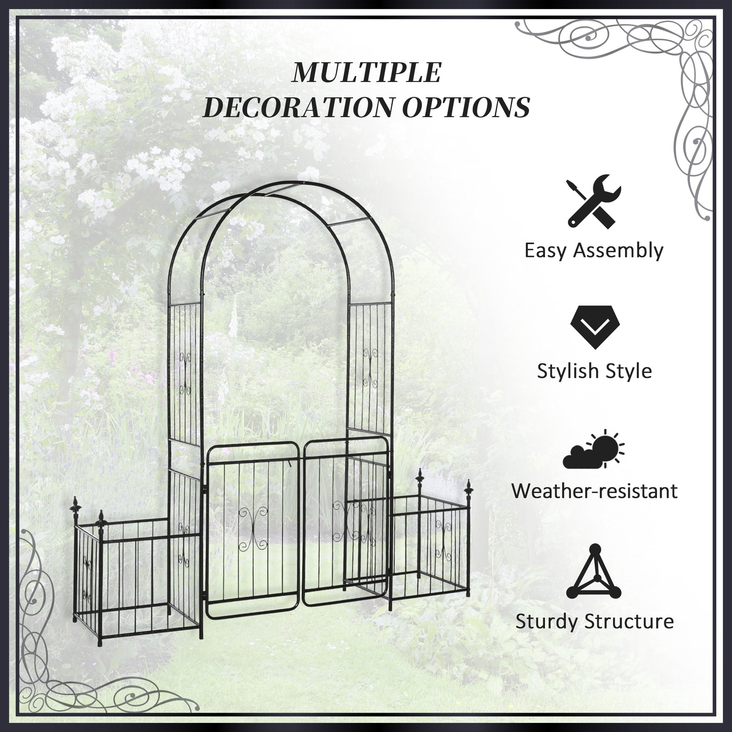 7.2FT Metal Garden Arch with Gate, 2 Side Planter Baskets, Garden Arbor Archway Trellis for Roses and Climbing Plants, B