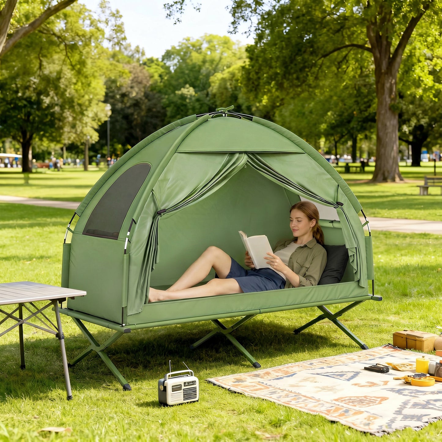 Compact Pop Up Portable Folding Outdoor Elevated Camping Cot Tent Combo Set Dark Green
