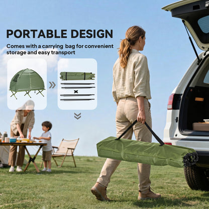 Compact Pop Up Portable Folding Outdoor Elevated Camping Cot Tent Combo Set Dark Green